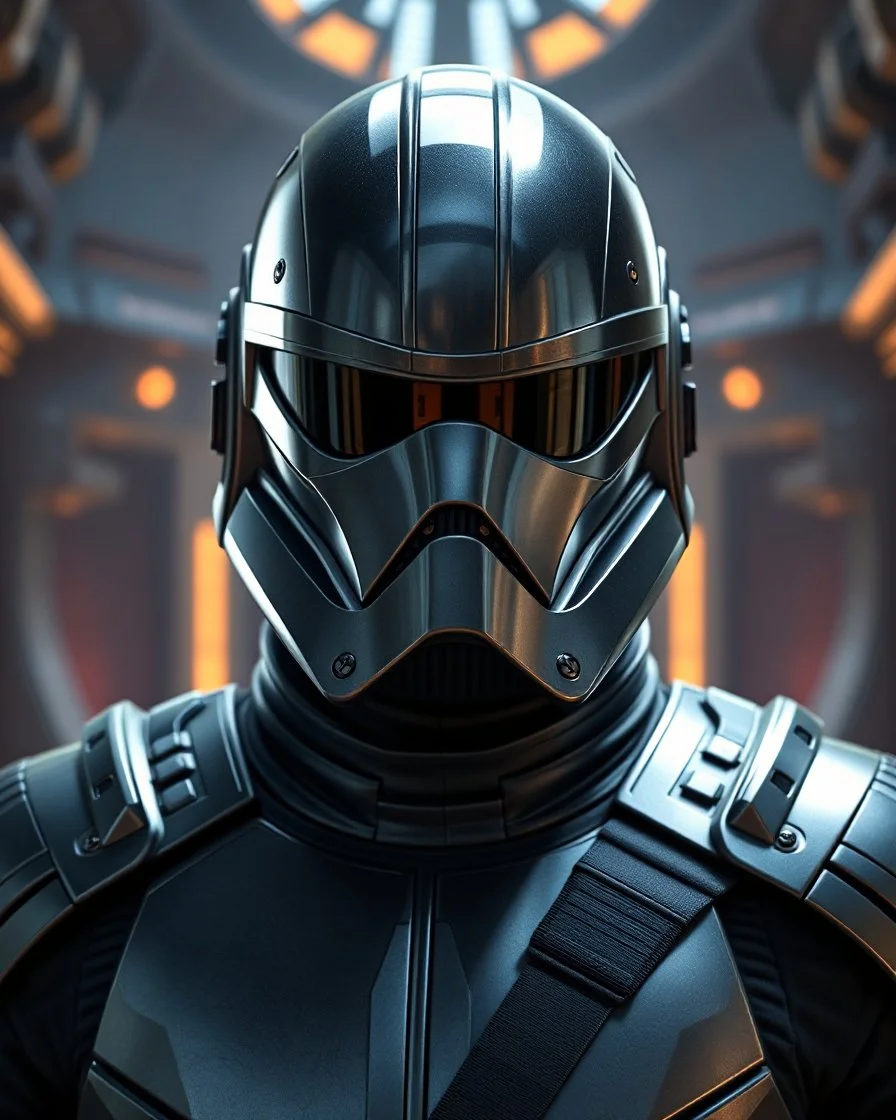 star wars bald male corellian pilot wearing pearlescent black and gunmetal grey First Order special forces heavy assault stealth commando armor and helmet with mirrored visor and gold and metallic red trim inside the jedi temple, hyperdetailed, dynamic lighting, hyperdetailed background, 8k resolution, volumetric lighting, light skin, fully symmetric details