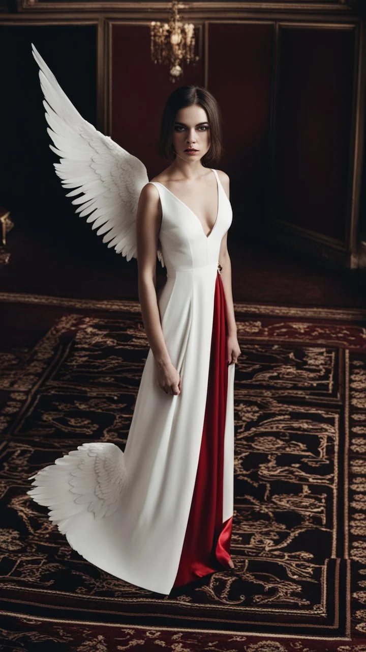 White wings, red dress, scissors. Above black and luxurious carpet. Cinematic picture from above