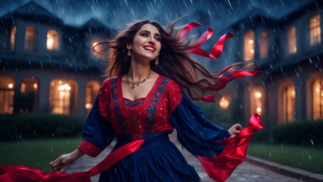 Hyper Realistic Photographic Low-Angle View Of A Beautiful Young Pashto Woman With Beautiful Eyes Lips & Nose (Wearing Traditional Beautiful Navy-Blue Dress Decorated With Red-Ribbons On It Her Frock & Her Beautiful Long Hair Whirling In Air) Happily Whirling & Smiling Outside A Fancy Navy-Blue Mansion Heavy Rainfall Night with Thunderstorm Showing Dramatic & Cinematic Ambiance.