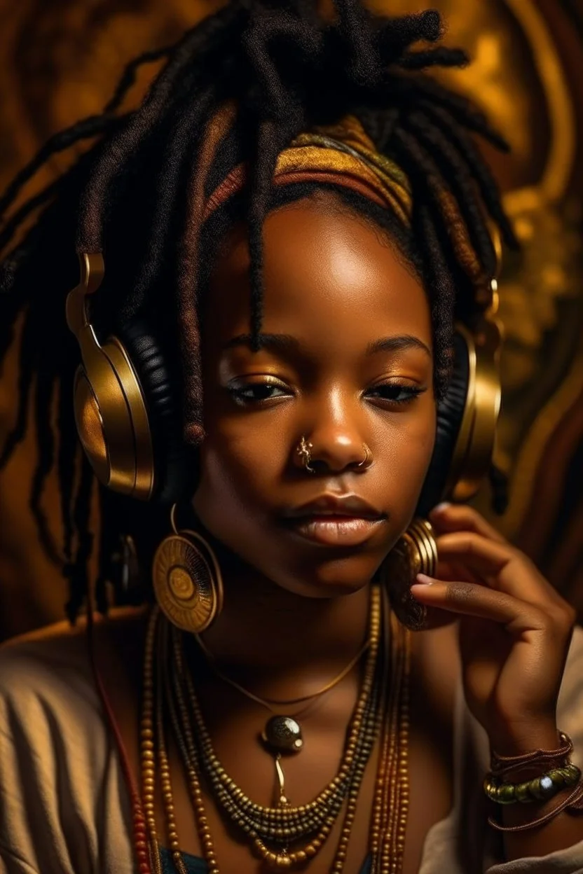 earthy black young woman listening to music with small old school headphones, soul, peace, majestic, earthy colours, at peace, happy, incense, jewels, bands, natural, old school headphones, blasian eyes, incense, very dark skin, crystals, gold arm bands, locs with beads