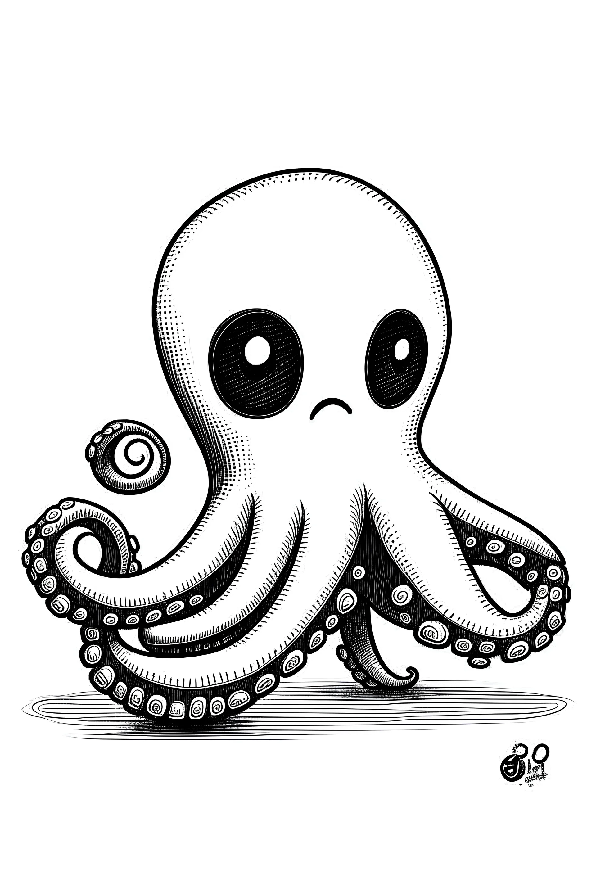 outlines art, bold outlines, clean and clear outlines, no tones color, no color, no detailed art, art full view, full body, wide angle, white background, a cute octopus