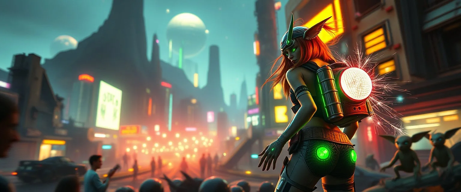 cyberpunk space city, in valley, close up on A space pirate rogue girl with disco ball rocket shooting sparks backpack named Daisy started doing the splits, Blew a fuse in his hips and short-circuited his bits, The Martian fluffy gremlins went wild, the Plutonians dogs screamed, Even black-and-white aliens turned ultraviolet green! in the style of fallout 4 and HR Giger, background motion blur , and volume fog spot lights