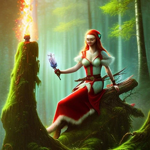 romantic fantasy spray painting, portrait of cute smiling green eyed red head robed elf poet with cute wolf ornament,sitting on a branch, loosing torch in magical forest by waterfall