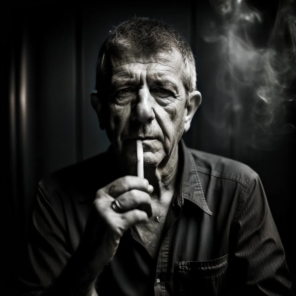 a portrait of a man, in the style of the Anthony Bourdain photograph take by Miller Mobley, rule of thirds He has a cigarette between his fingers and theres a half empty tumbler glass with two ice cubes in it. The mood and the picture is gritty, very grainy, BLACK AND WHITE , there is a little cigarette smoke in the background ,, only slight wrinkles and contemplation, on this face. his eyes look down alway from the camera in (Showcases a strong sense of realism and accuracy.