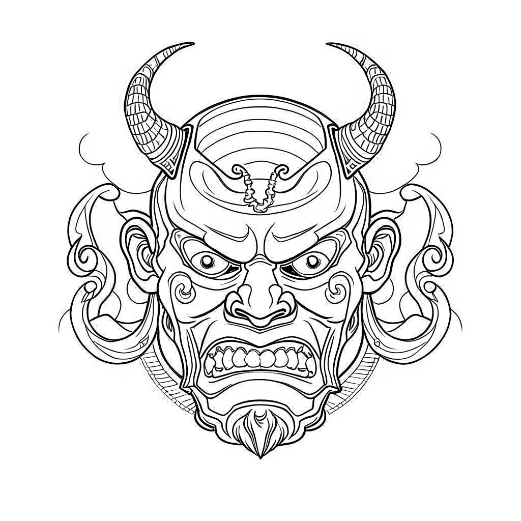 White, minimalis line art , oni mask japanes , vector, white background, outline, with images neatly contained within the background, just black and white color,