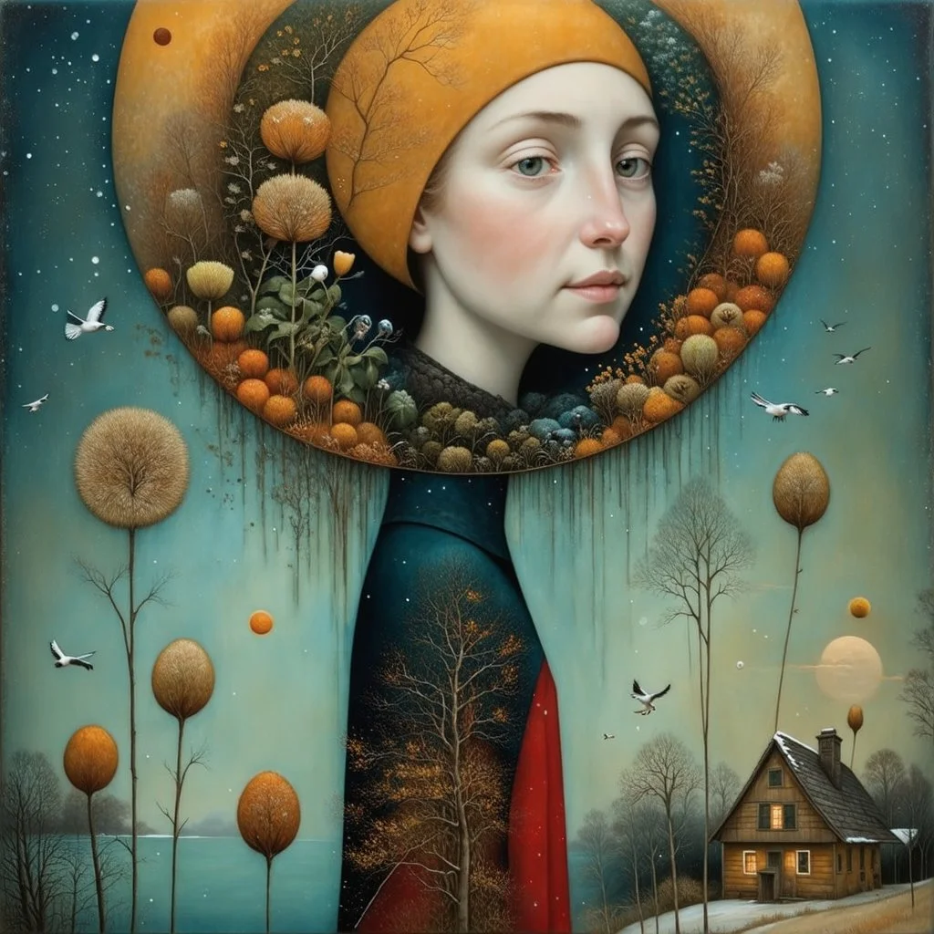 Richly textured Hieronymus Bosch, Catrin Welz-Stein, William Turner, Zdzisław Beksiński, Jacek Yerka oil on canvas zentangle line art style mix, surreal frosted fantasyland winter oceanscape, hoarfrost on trees, high grasses, snow and cottages, withered flowers, pale sunrise; paint splatter, beautiful vibrant colors, reflections, SK, flying seagulls, dramatic clouds, snowfall.