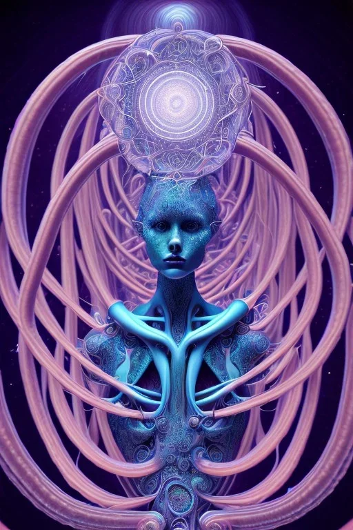 Spiritual being with Tentacles over human Head creating reality around, wrapping Spiral around Human, Psychedelic