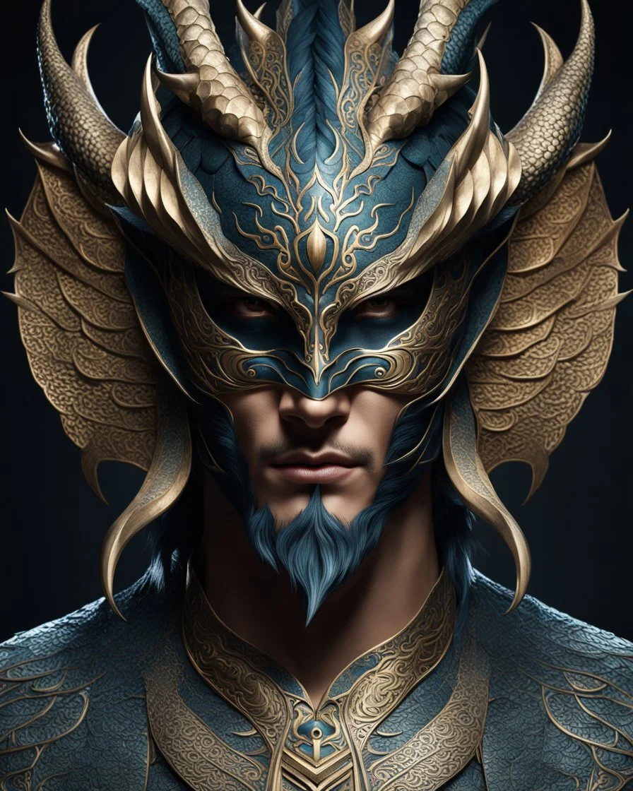 portrait of the dragon man with a stylized mask on his eyes and forehead. conceptual art, hyper detailed, ultra quality, 12k, full body