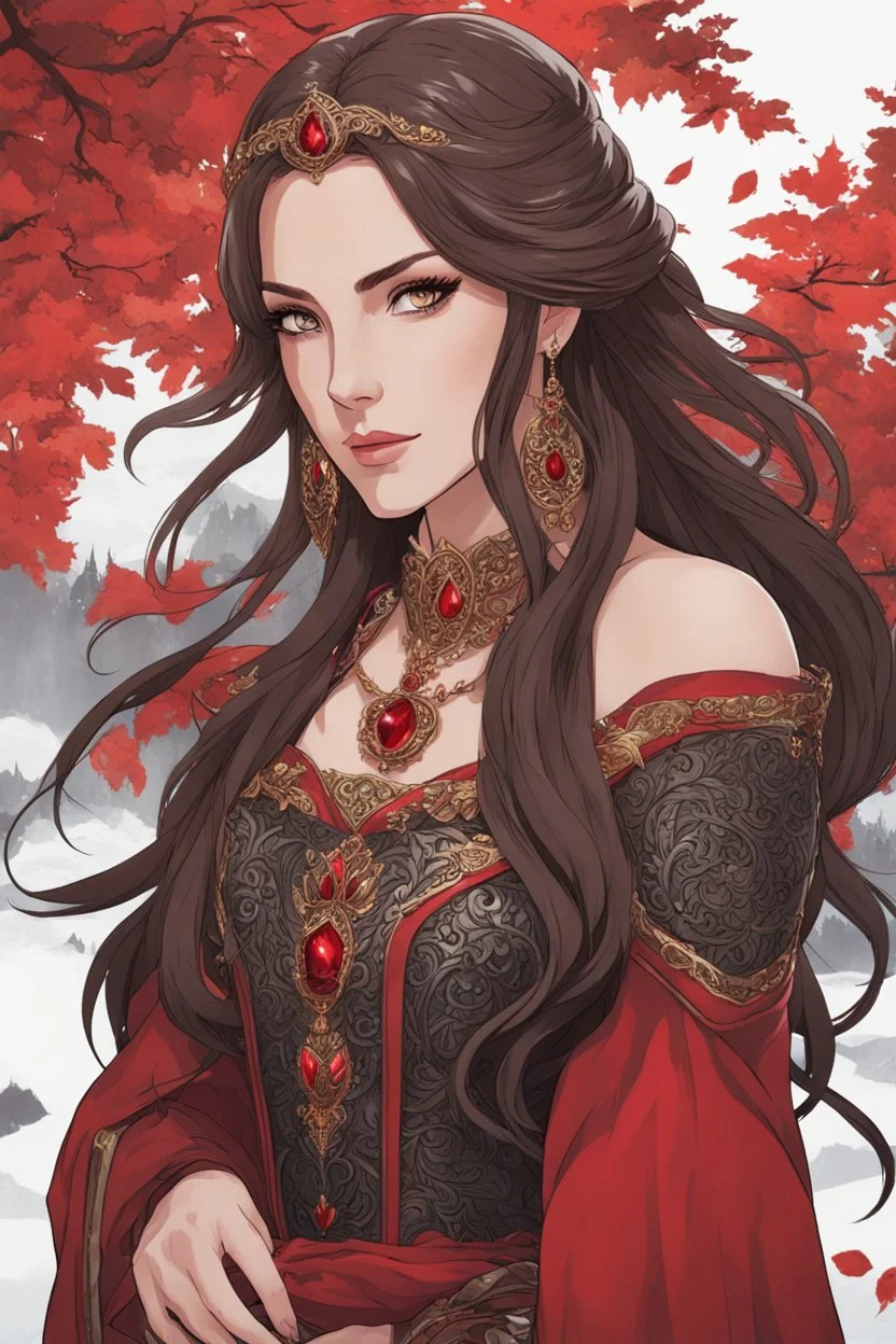 A (((beautiful woman with long, brown hair and red eyes))), in the Witcher universe, anime style, highly detailed, representing a (((royal medieval concubine))), clad in intricate ((red and black clothes)), set against a (detailed, anime-inspired backdrop)