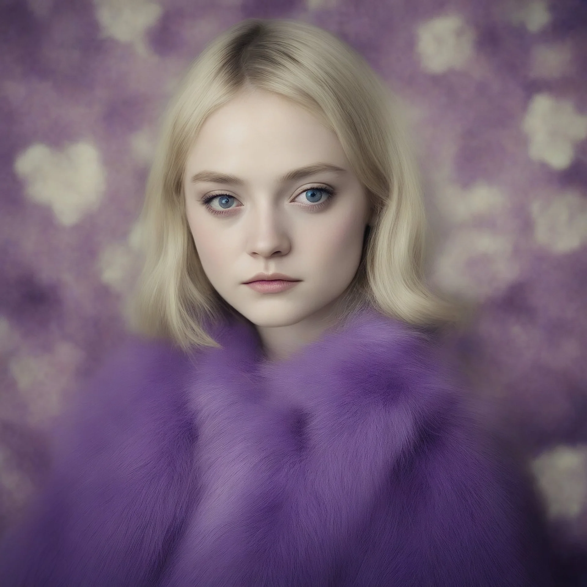 Dakota fanning, purple fur, flowered wallpaper background, old autochrome