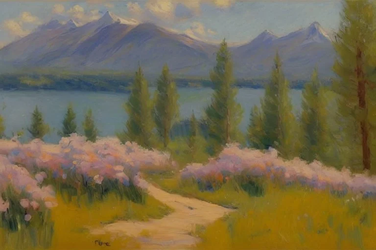 Sunny day, mountains, flowers, pathway, pine trees, lake, distant trees, theodore robinson impressionism painting