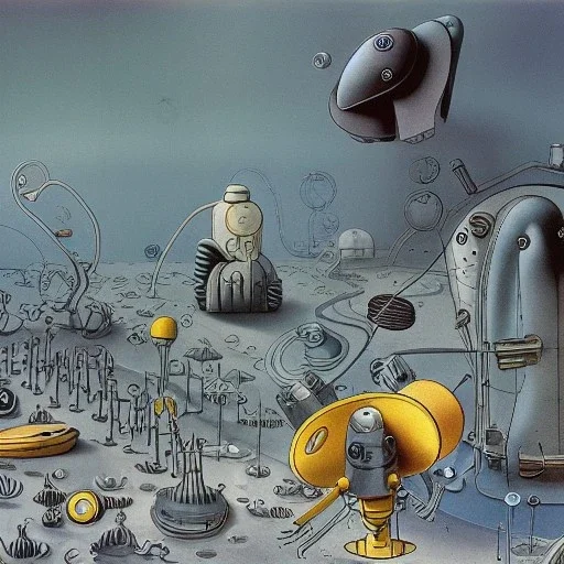 tardigrade reparing a planktonik nanomachine in a landscape designed by yves tanguy