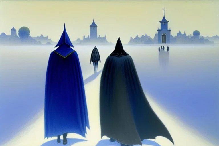 two people in capes and hoods seen from behind walking side by side in an empty foggy plain, above there is blue sky by artist "Leonora Carrington"