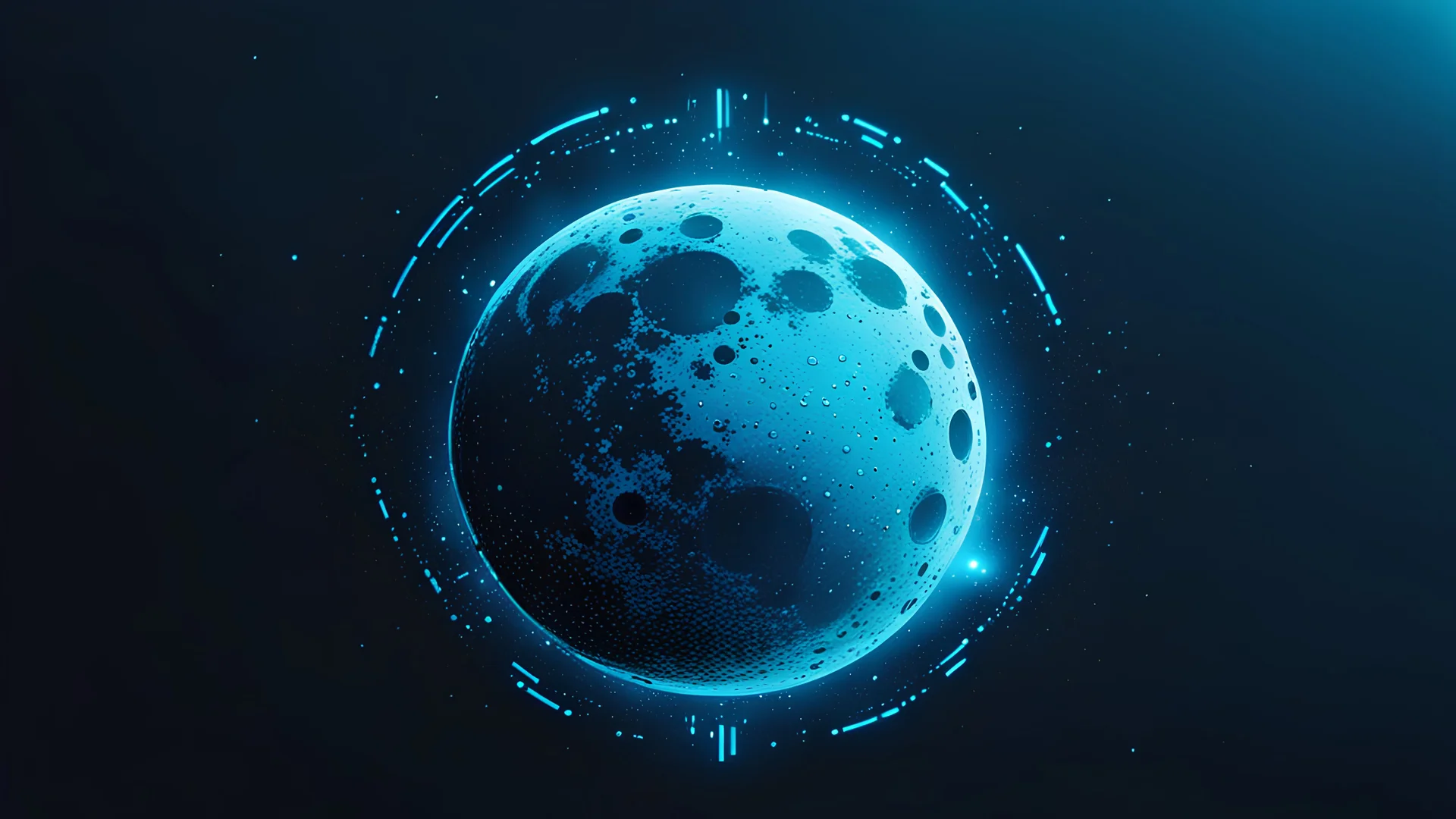 A cyberpunk logo of a Moon. Light and dark blues. Atmospheric. Small amount of dust particles. Small glitch effect. Otherworldly.
