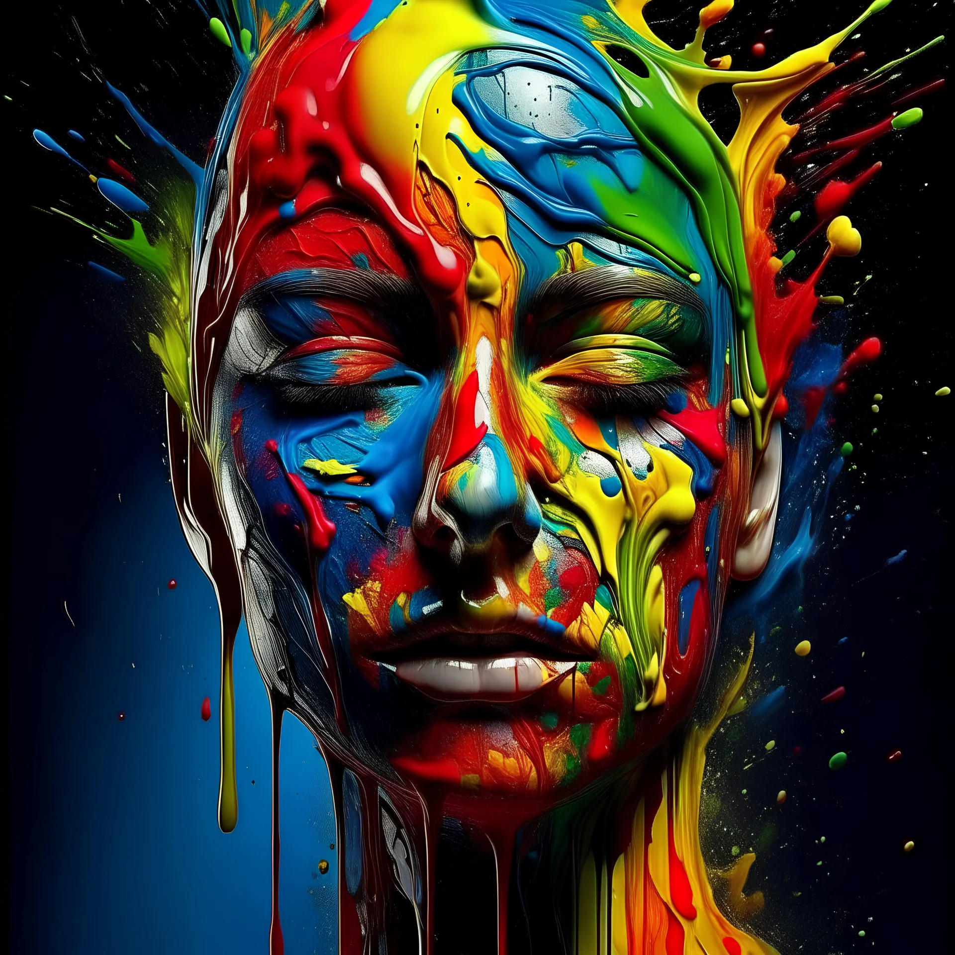 a colorful splash of face shape paint, amazing splashscreen artwork, photoshop water art, liquid painting, swirling paint colors, ink splash, physics splashes of colors, colorful swirls of paint, paint splashes, swirling paint, painting of splashing water, splashes of liquid, cgsociety saturated colors, trend on behance 3d art, HDR, UHD, 64K, highly detailed, (digital art:1.3), intricate, (highly detailed:1.3), digital painting, artstation, concept art, illustration, (sharp focus, Unreal Engine