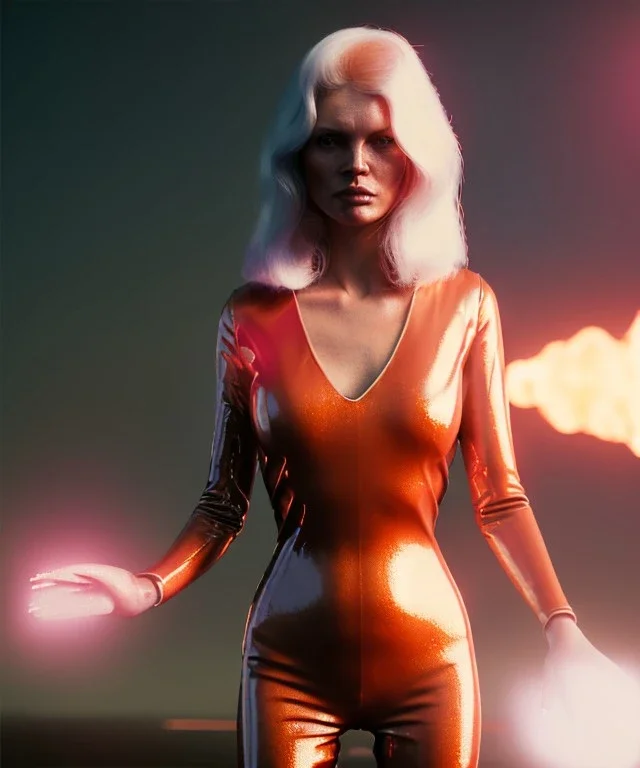 retro sci-fi portrait image from 1980, Los Angeles street explosions, fire, scared people, blonde woman walking, sweet Kate moss face, tight latex suit, soft color, highly detailed, unreal engine 5, ray tracing, RTX, lumen lighting, ultra detail, volumetric lighting, 3d, finely drawn, high definition, high resolution.