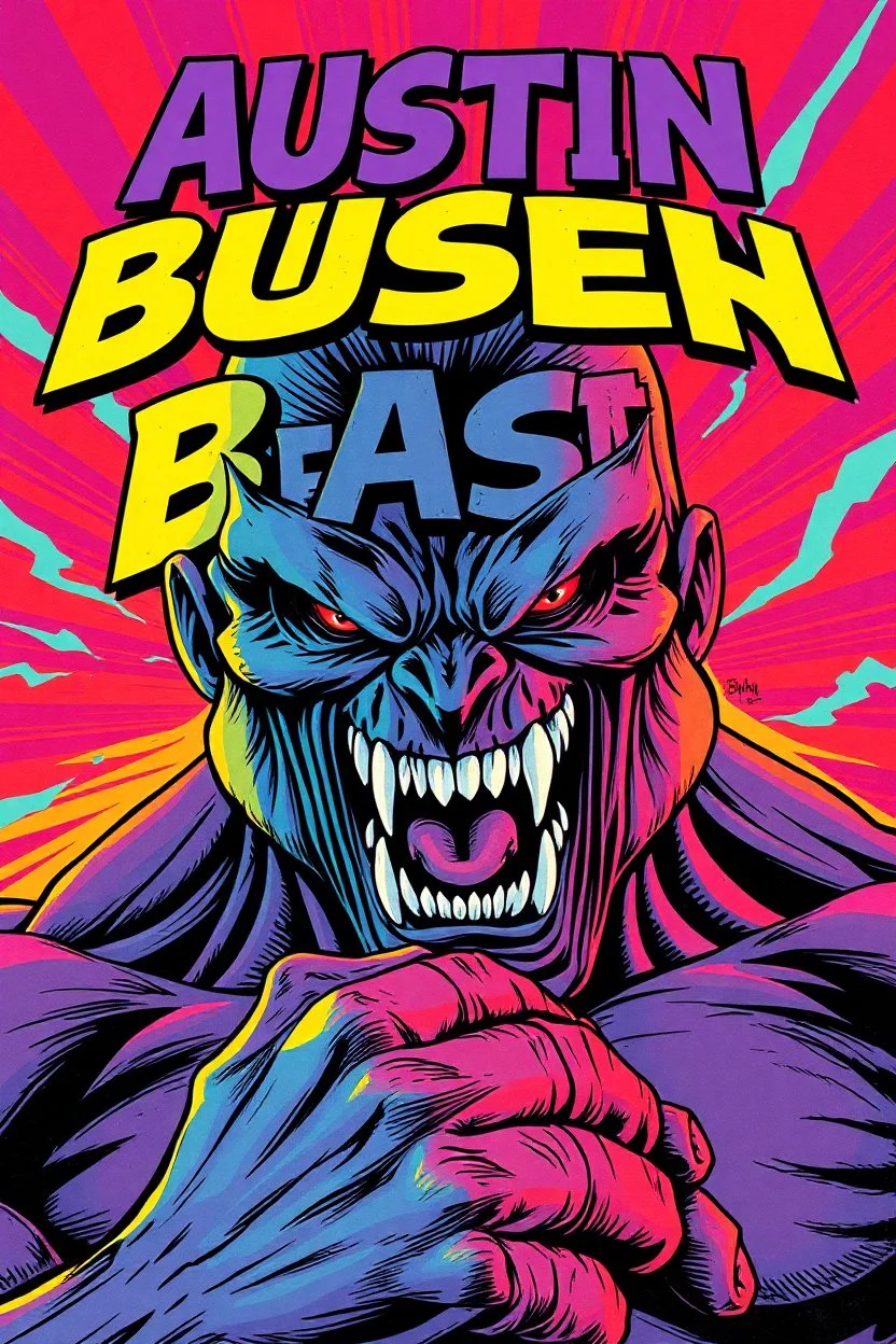mania comic scary super hero mad crazy wild super head big title with movie poster title: Austin super beast, 90s style, angry fast, extreme, wild, so so so so angry, tough red and purple background with 90s comic style slashes