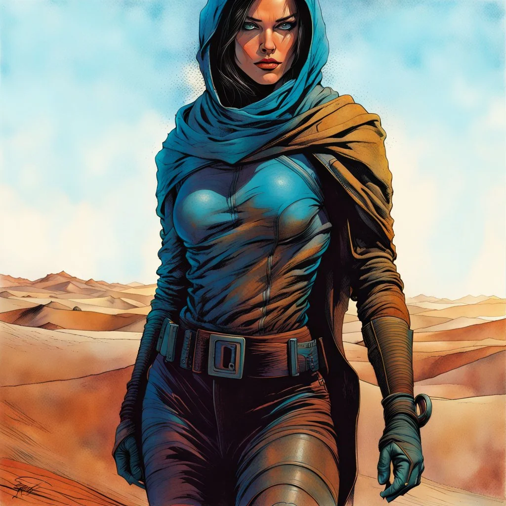 create a fine art print full body illustration of a rugged gritty, roughly textured, hooded, blue eyed, Fremen female warrior with highly detailed feminine facial features, amidst the swirling desert sands of Arrakis, in the comic book art style of Bill Sienkiewicz, and Jean Giraud Moebius, finely textured, drawn, colored, and inked,