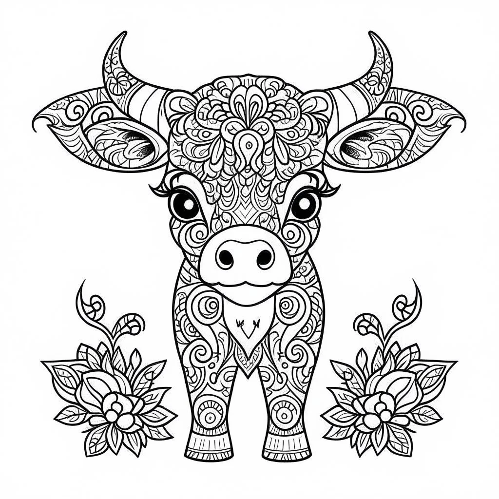 coloring page, mandala baby cow, happy, cute animals, full view, realistic, only draw lines, clean line art, –no sketch, color, –ar 3:4, white background, minimalistic black lines, minimal black color, low level black colors, coloring page, avoid thick black colors, thin black line art, avoid colors, perfect shape lines, perfect clear lines,