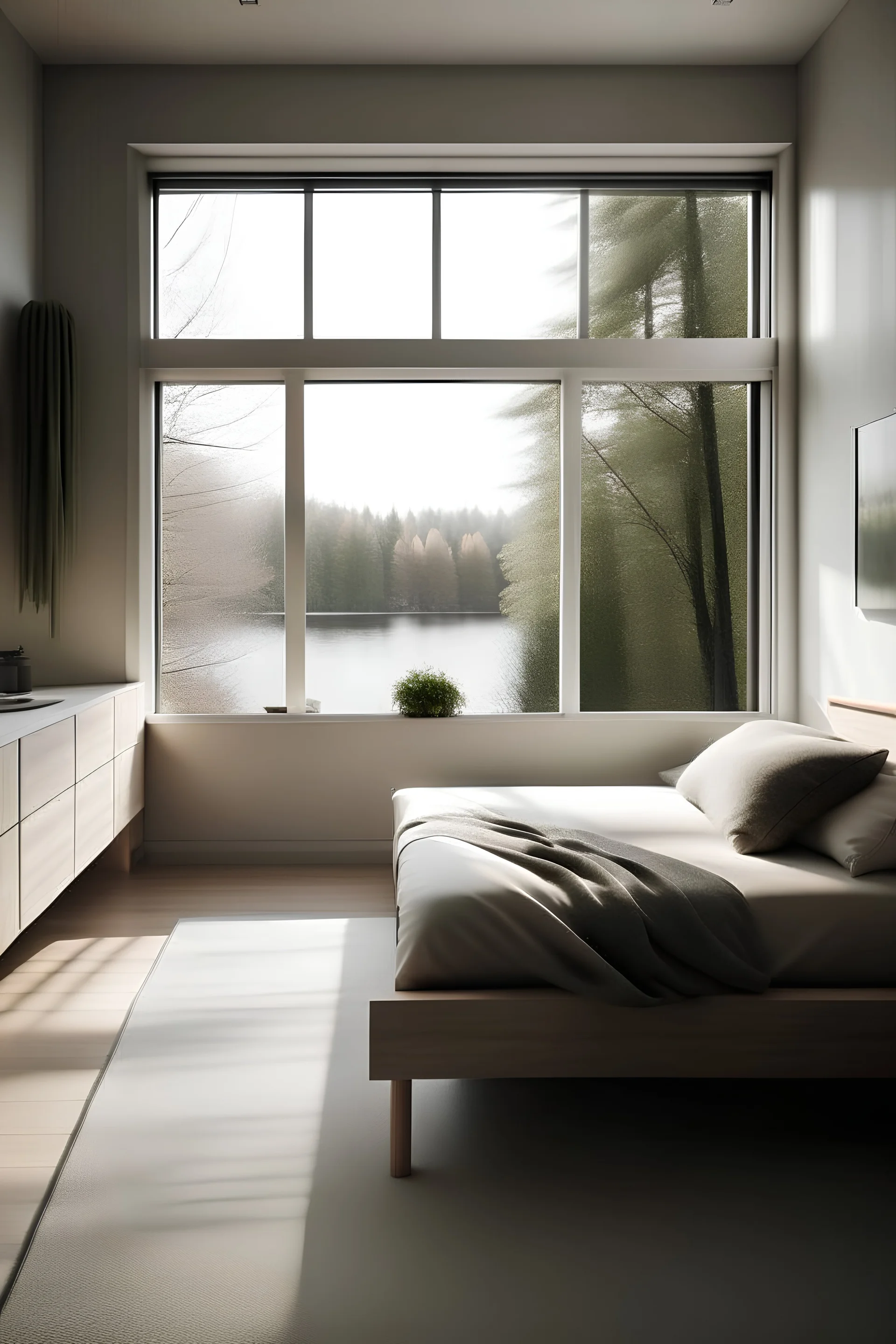 minimalist cozy bedroom with a big dresser and view to the garden and river