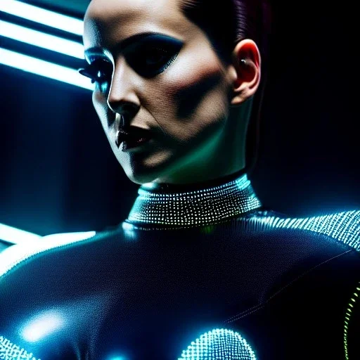 Ultra detailed fullbody Portrait in oil on canvas of beautiful punk busty female biker from Tron legacy,tron legacy light cycle,wearing minimal skintight latex suit,extremely detailed digital painting, extremely detailed face,crystal clear Big eyes,mystical colors,perfectly centered image, perfect composition, rim light, beautiful lighting,masterpiece,8k, stunning scene, raytracing, anatomically correct, in the style of Ohrai Noriyoshi and Evan lee and robert and howard and Simon Bisley