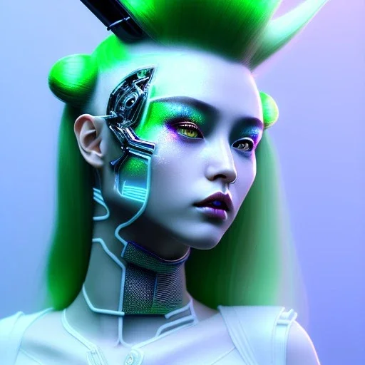 Front face, Cyber teenager, color makeup, green hair, rounded face, geisha style hair, white skin, pattern dress, velvet, vibrant color, cyberpunk style, highly detailed, art stations, concept art, smooth, unreal engine 5, god rays, ray tracing, RTX, lumen lighting, ultra detail, volumetric lighting, 3d, finely drawn, high definition, high resolution, gradient background