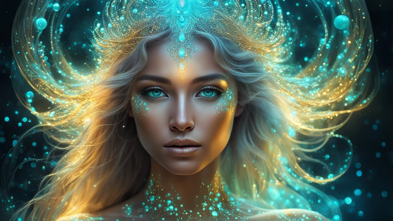 The photo is done in a bioluminescent and bioluminescent art style depicting a divine woman, Bioluminescent dewy translucent glowing skin, ethereal glowing eyes, long neck, perfect face in ultra-realistic details, flowing hair, The composition imitates a cinematic film with dazzling, golden and silver lighting effects. Intricate details, sharp focus, crystal clear skin create high detail. 3d, 64k, high resolution, high detail, computer graphics, hyperrealism, f/16, 1/300 sec.