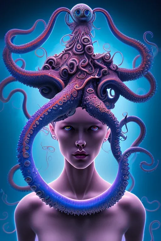 Spiritual being with Tentacles over human Head creating reality around, wrapping Tentacles around Human, Psychedelic