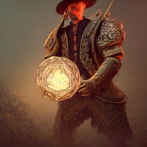 Insanely detailed photograph of an “ a mustachioed mariachi focusing on a glowing D20” with intricately detailed Sombrero, intricate armored charo, hyperdetailed painting by Ismail Inceoglu Huang Guangjian and Dan Witz CGSociety ZBrush Central fantasy art album cover art,8K, hdr, mysterious, flickeringlights ,Stoic