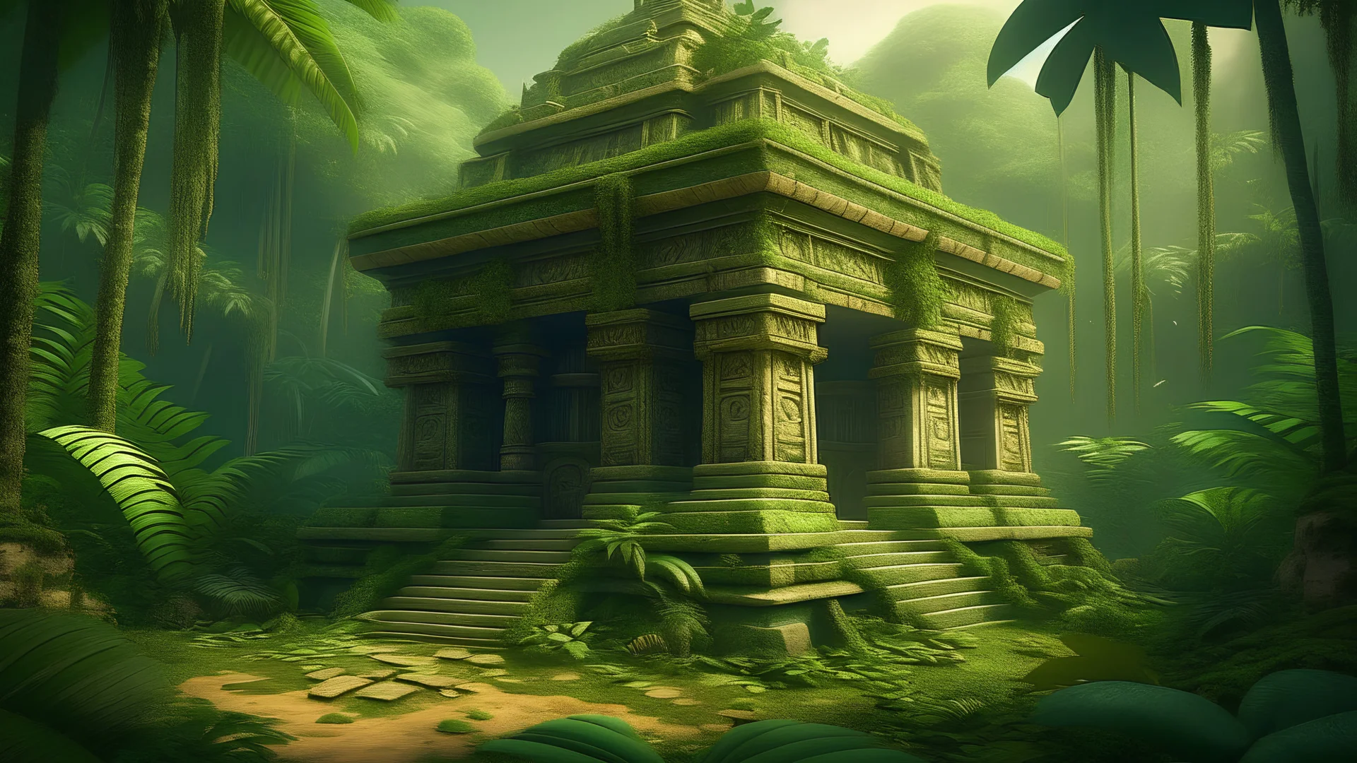 an ancient tiki temple with withered walls swallowed by nature in a dense jungle in a background format