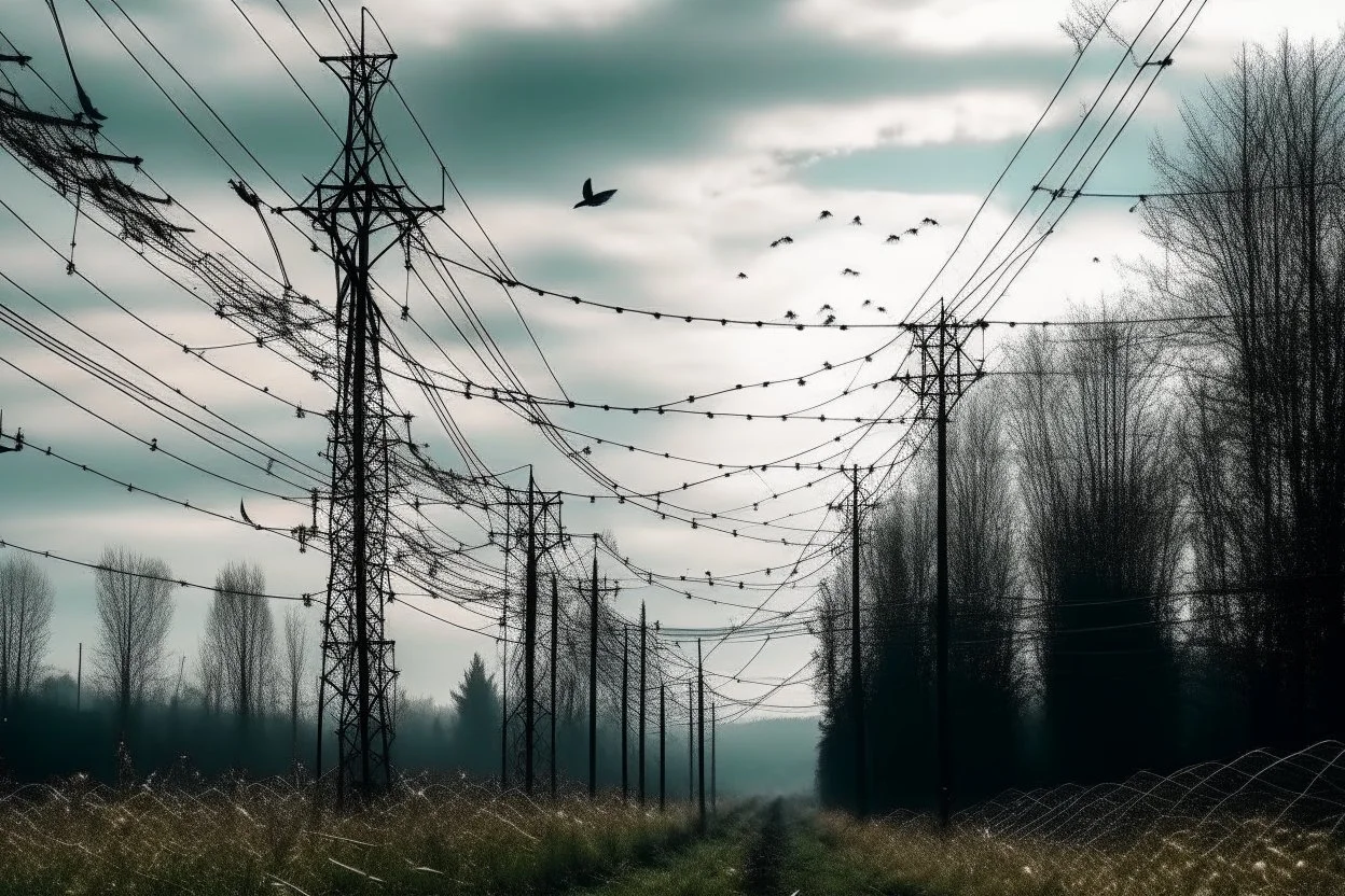 Power lines in the middle of nature and birds flying in the sky, real and current photography, 16K, photojournalism