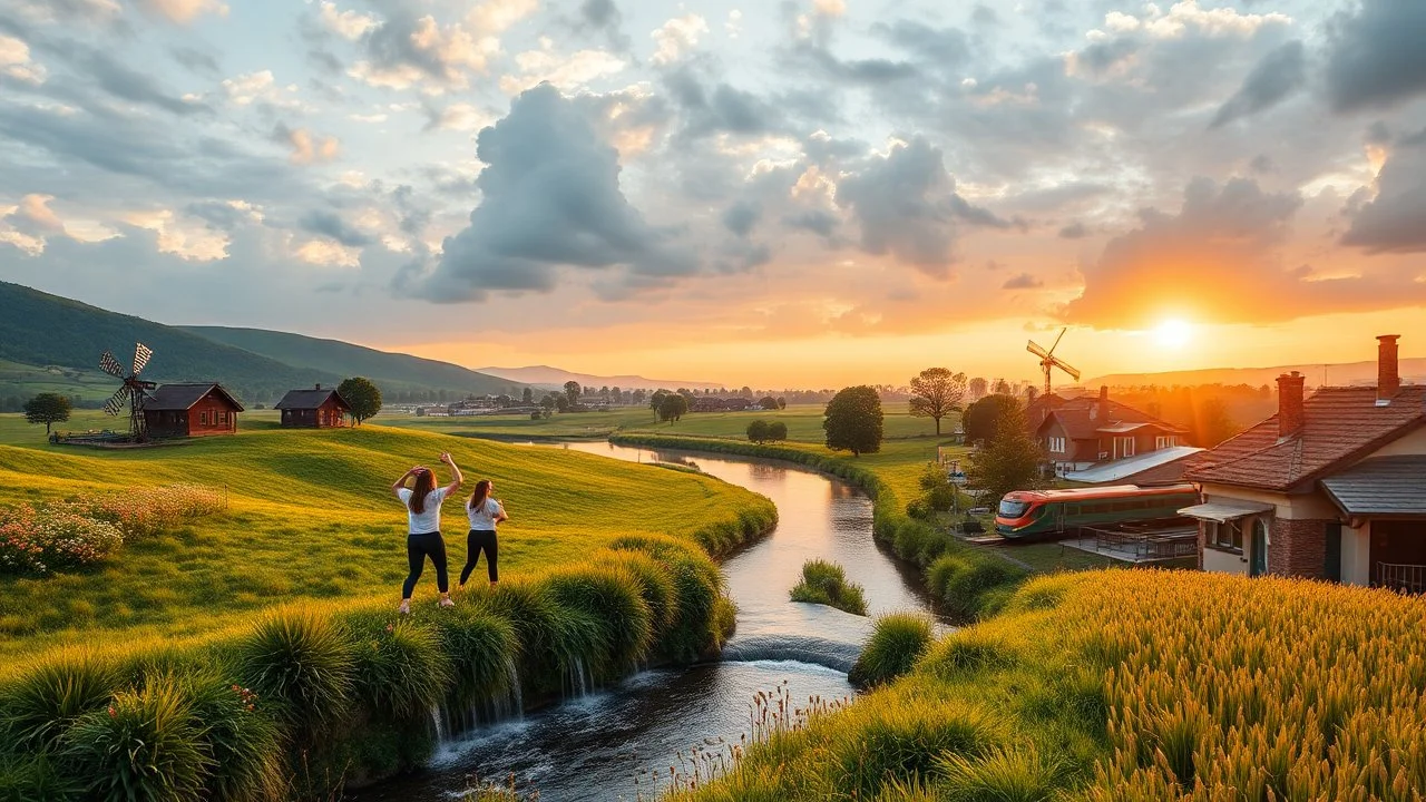 a group of young ladies in sports pants and blouse are dancing to camera in village over high grassy hills,a small fall and river and wild flowers at river sides, trees houses ,next to Ripe wheat ready for harvest farm,windmill ,a pretty train is leaving station along river,a few village local shops ,cloudy sun set sky