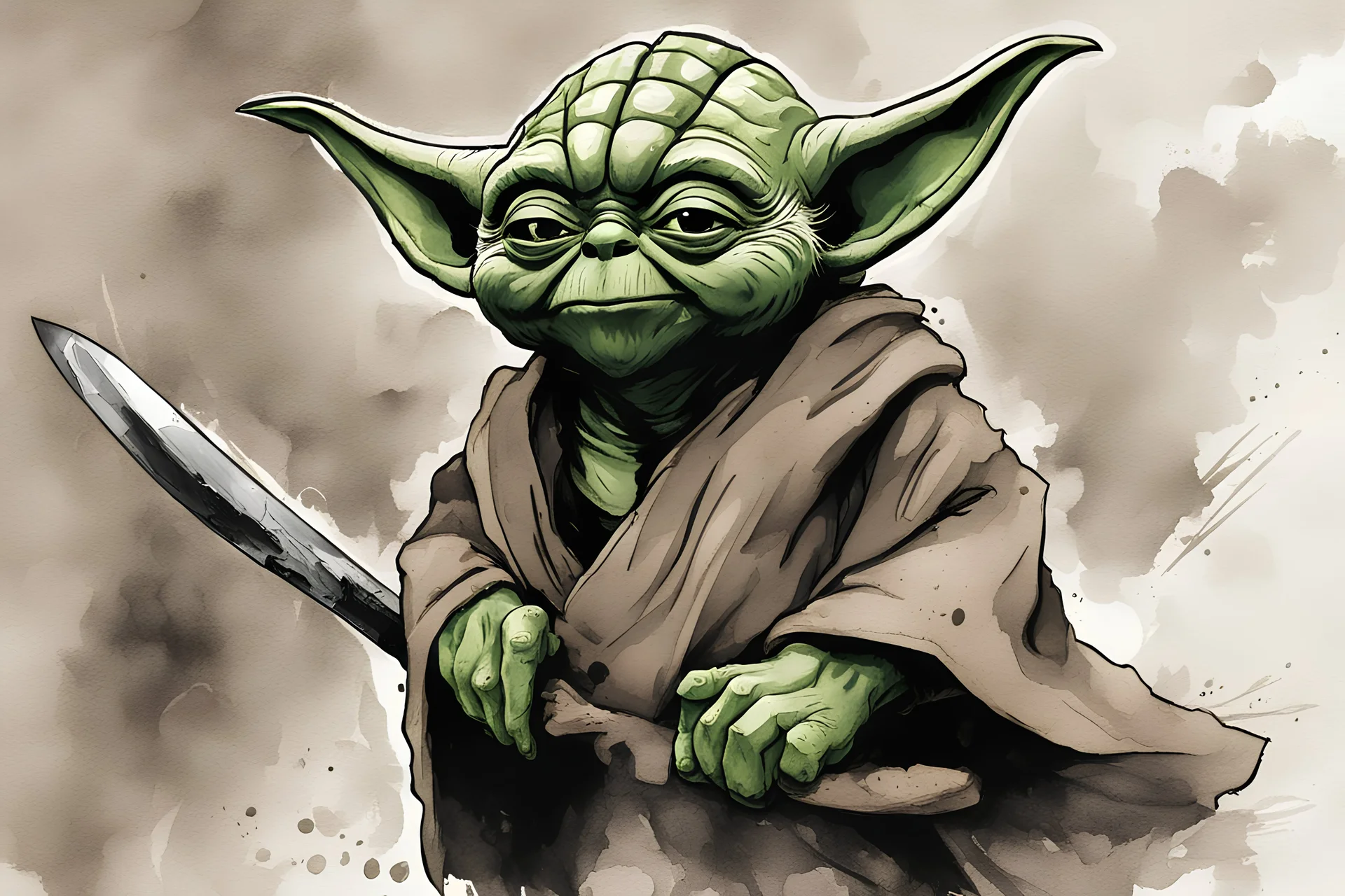 yoda shaped axe, create in inkwash and watercolor, in the comic book art style, highly detailed, gritty textures,