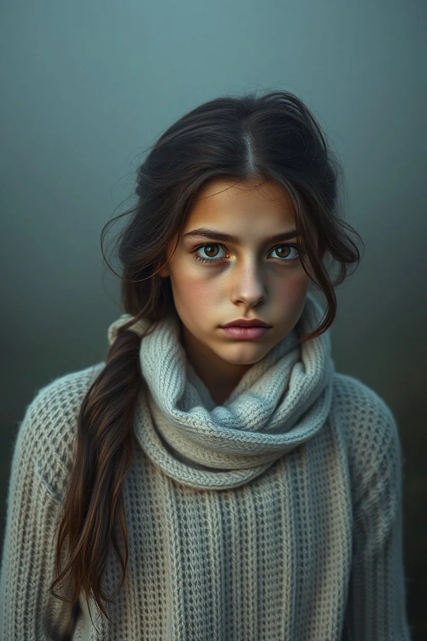 Extremely realistic photo of a beautiful young girl, fog, general foul weather, (Rembrandt Lighting), zeiss lens, ultra realistic, (high detailed skin:1.2), 8k uhd, dslr, Dramatic Rim light, high quality, Fujifilm XT3, artwork in pale distressed tones , minimalistic approach, blends old world aesthetics art with elements of distressed painting and illustration, shadow play, high conceptuality, palette inspired by Charlene Mc Nally, Carne Grif