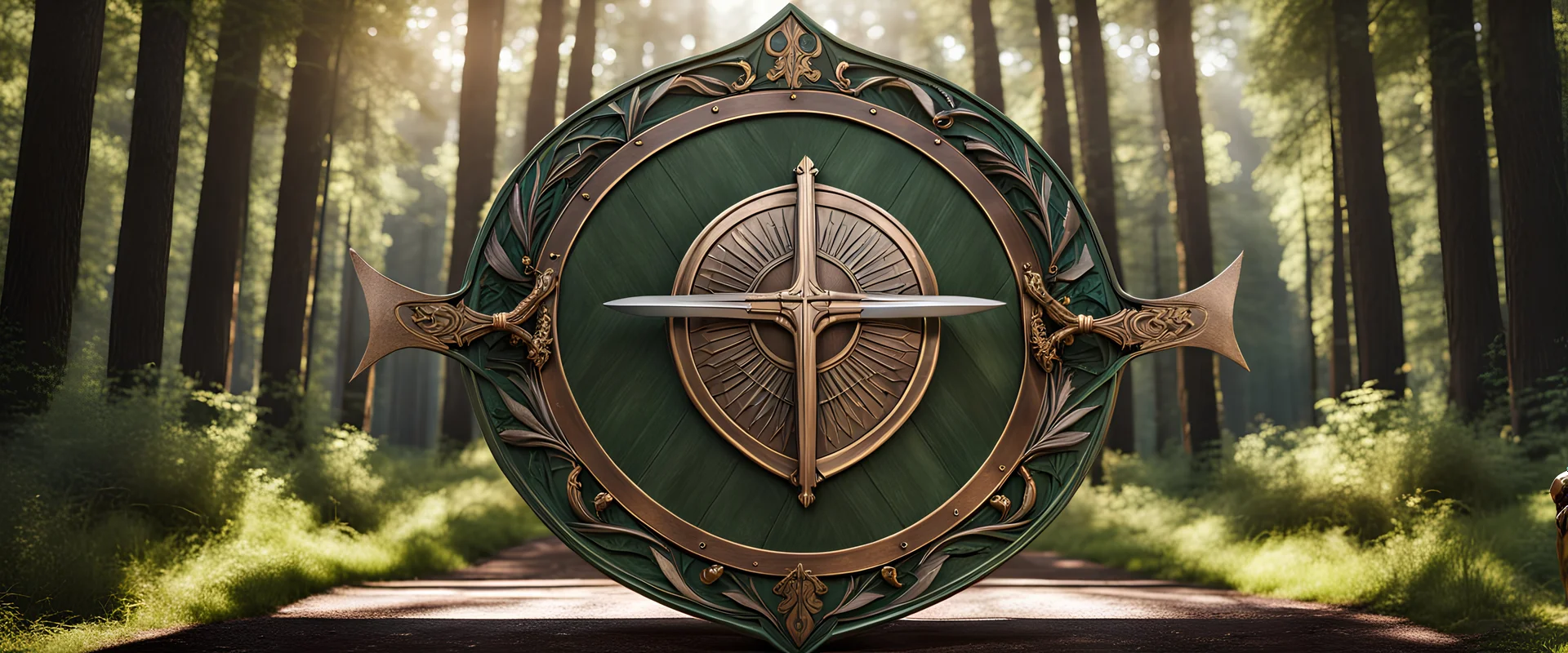 High-end state-of-the-art aesthetics flawless, ancient symmetrical heraldic emblem two sharpened swords crossing an epic bronze shield placed 30m far from camera,forest background,close-up shot, realistic,supreme cinematic-quality photography, steel walnut wood green armour, Art Nouveau-visuals,Vintage style Octane Render 3D technology,hyperrealism photography,(UHD) high-quality cinematic character render,Insanely detailed close-ups capturing beautiful complexity,Hyperdetailed,Intricate, 8k