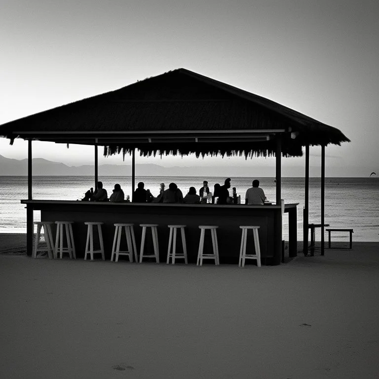 Terraza de un chiringuito frente a la playa al atardecer, fotografía realizada con una cámara Leica y con un objetivo de 50 mm, fotografía real, fotografía en blanco y negro