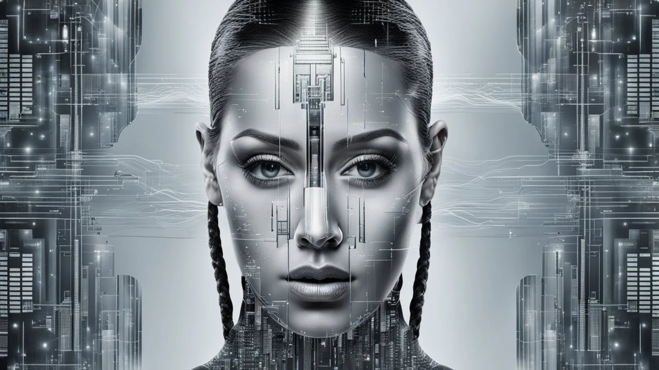 Double Exposure collage portrait of android-human transparent woman face, microchip pattern, cyberpunk, higtech city, skyline, silver sky background, cold, silver, grey, dark colors, futuristic mood, utopistic, high detailed