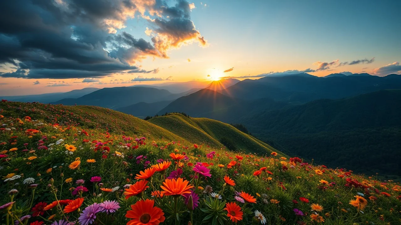 beautiful Green hills covered with flowers colorfull ,blue sky dark clouds with godray at sunset ,very nice flowers at closeup ,wonderfull mountains at distance