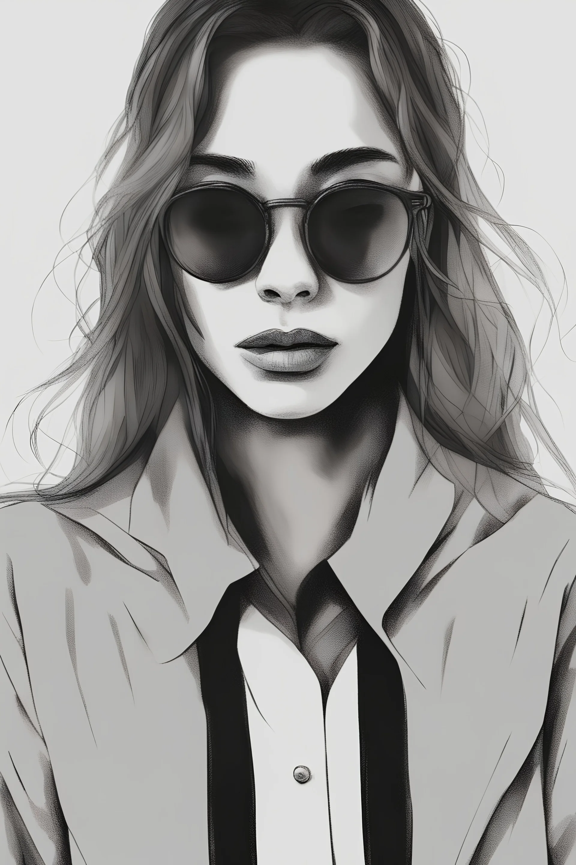 el rostro de una mujer con gafas totalmente oscuras y con expresión seria en blanco y negro que no se ven los ojos, que solamente se vea su rostro y cuello que no se vean sus ojos, gafas mas oscuras que su expresión sea más seria, mucho más seria casi triste