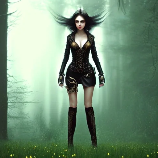 steampunk, dark forest, black hair, long legs, leather clothes