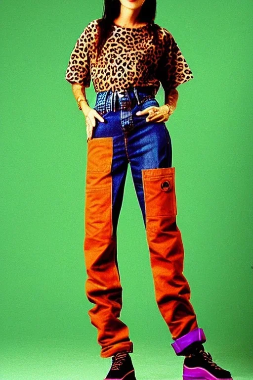 year 1996 denim fashion. Loose fit, low waist, baggy. Combat pants and t-shirt. Colors: denim blue, blue, purple, khaki, light green, lilac, plum, orange, terracotta, red, pink, dark blue, beige. Patterns: cheetah, balls, stripes. Women models. Sharon Stone, Sandra Bullock, Winona Ryder, Milla Jovovich, Big tennis shoes on. Latex in small part, areas, clothes..Combat pants. Leg warmers.