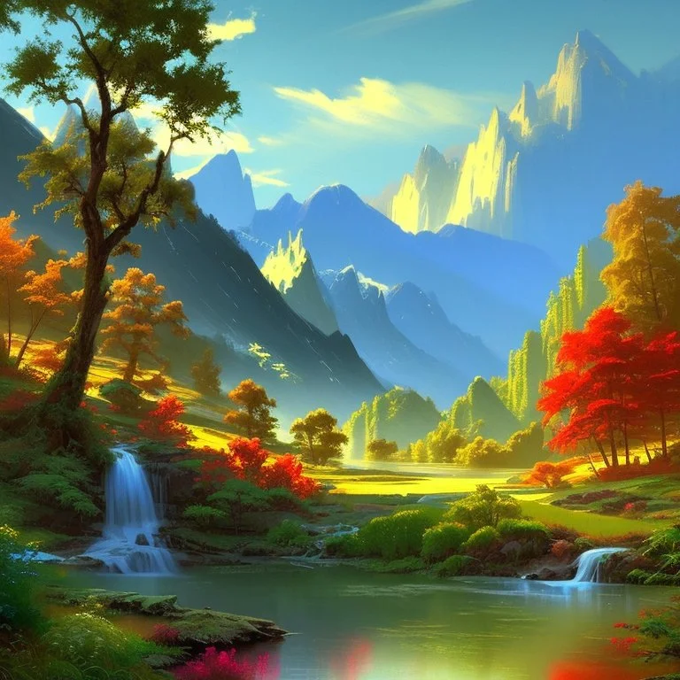 Serene landscape by day with sunlight beams with river running trough mountains, a forest with a lot of vibrant colors, in the style of bob ross, thomas kadinskade and albert bierstadt. Peacefull and calming, intricate details, vibrant.