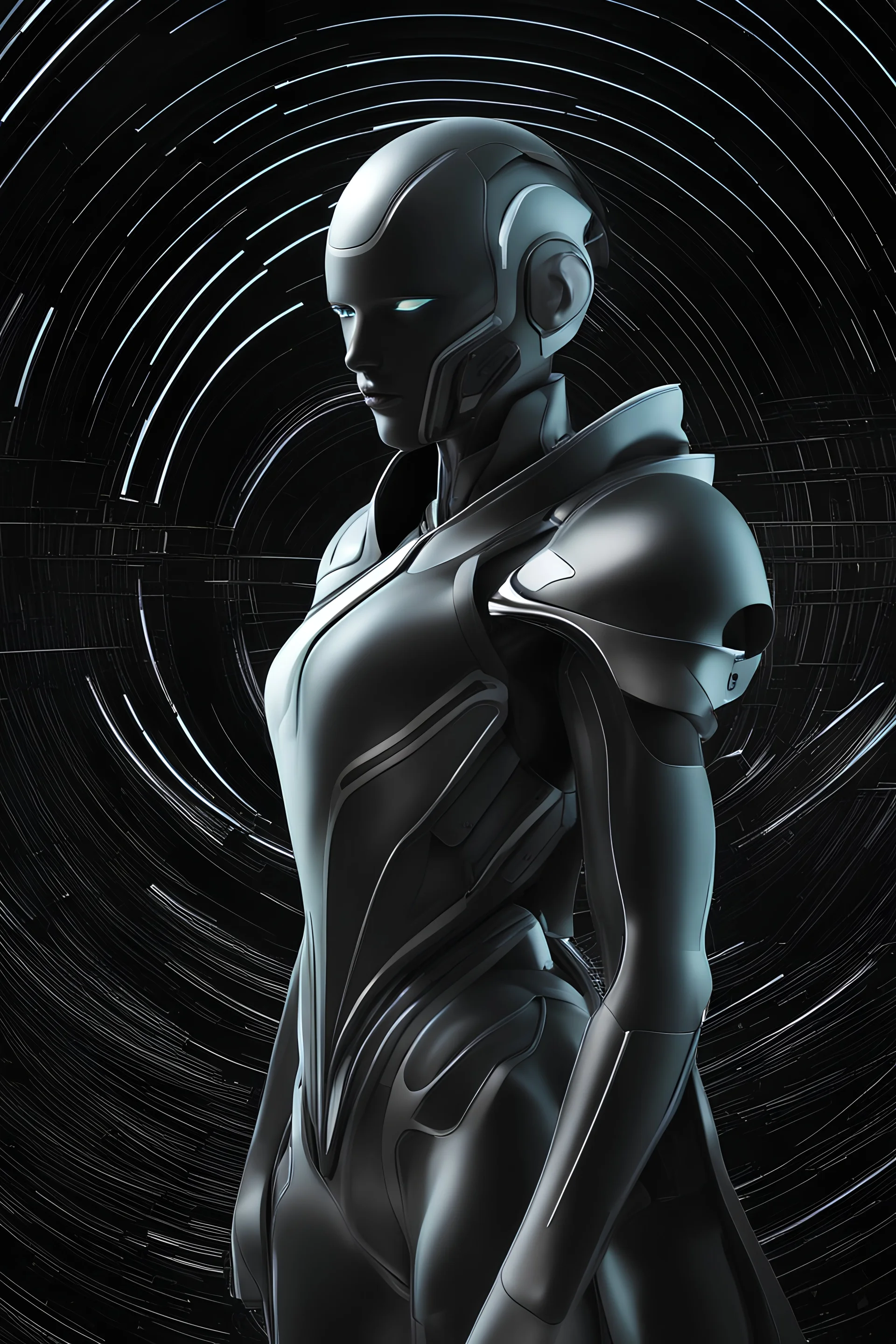personaje futurista en fondo negro con tubos