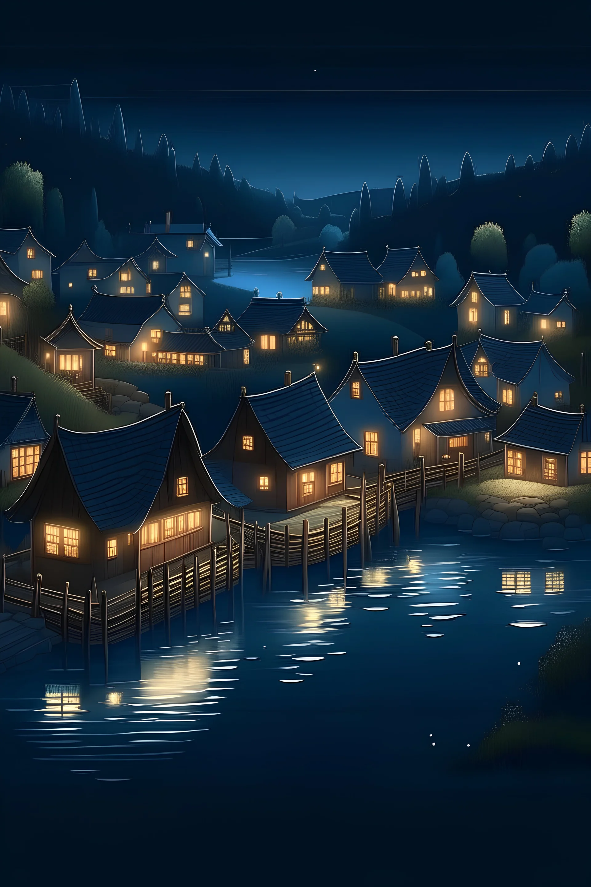 A small village on the riverbanks in the night. 2d