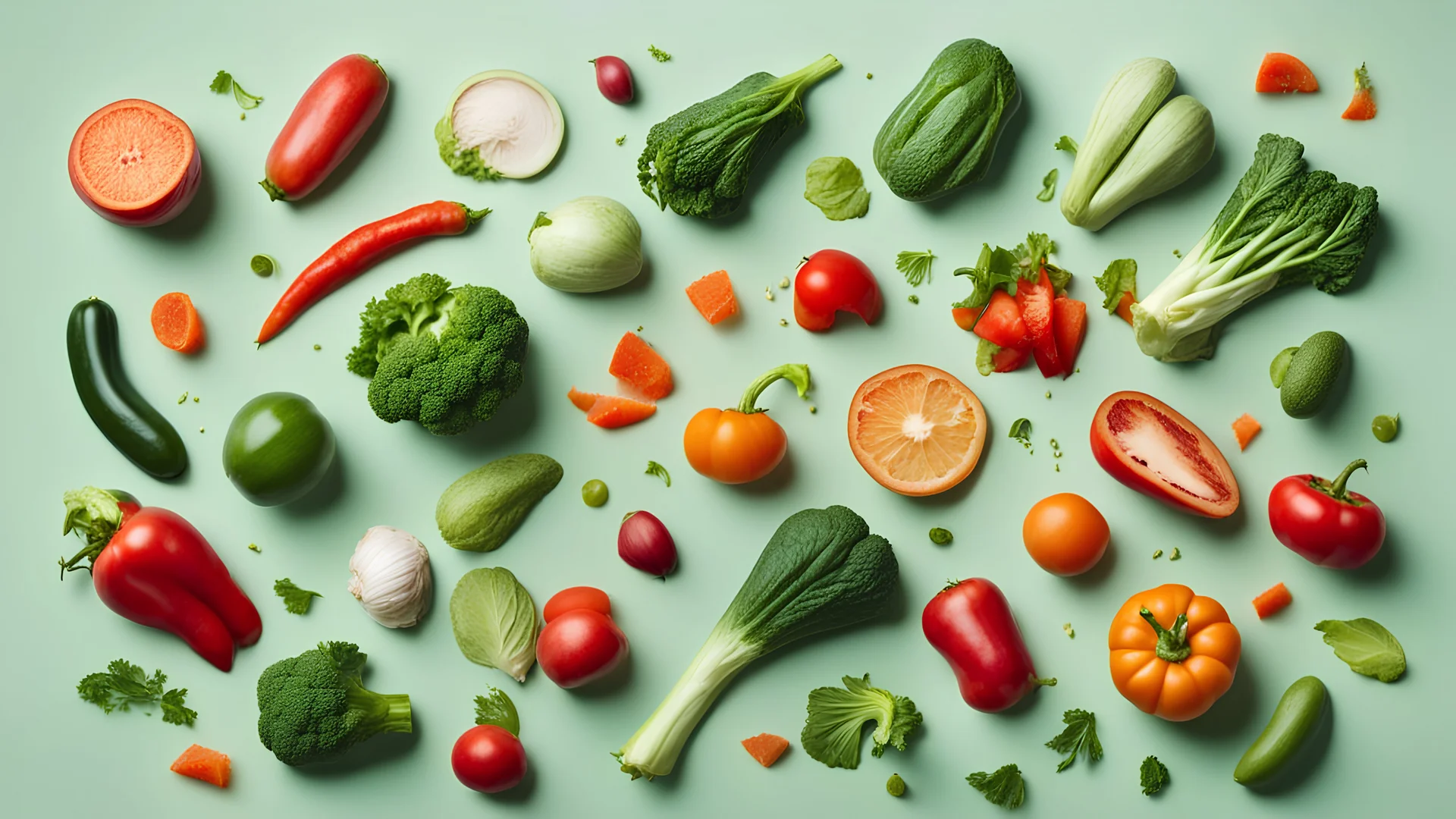 Many different fresh vegetables falling on pale light green background