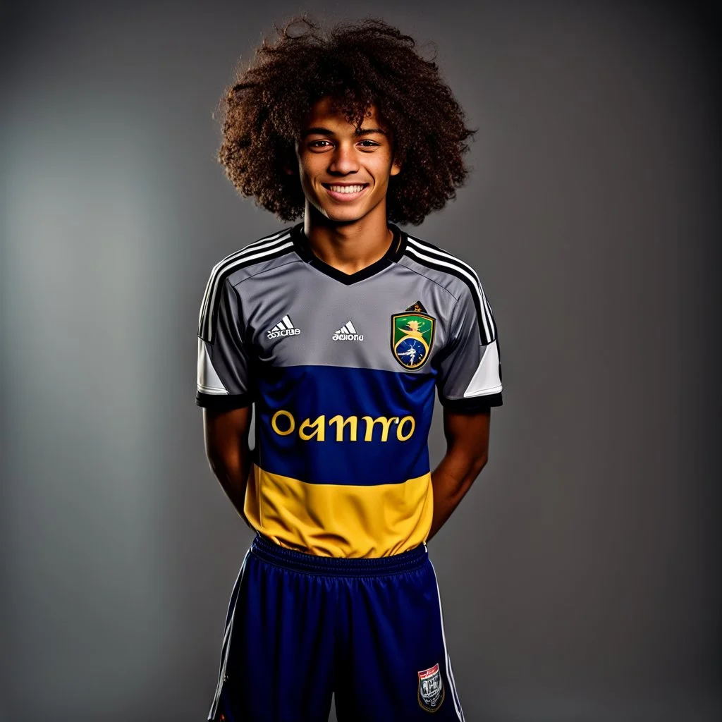 85mm DSLR color photography of a very detailed headshot fitting all of head and hair in frame. 17-year-old Brazilian soccer player, with brown hair color and no facial hair and has very short hair and with a small smile, grey background