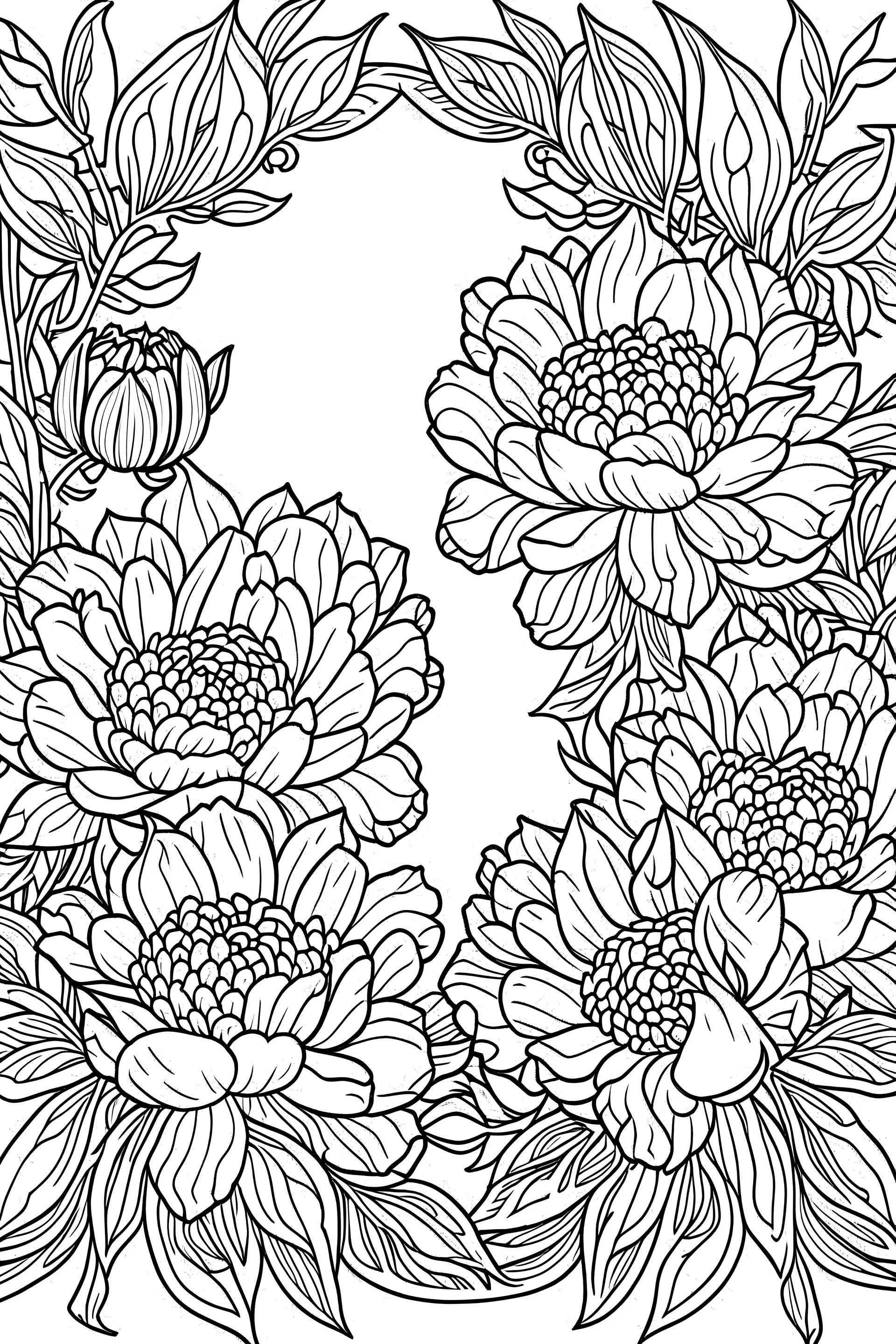 black and white beautiful thin floral frame made out of peonies for coloring pages, use a lot of big sunflowers in the frame, go all the way to the edges for the frame and leave a lot of space in the middle of the page, use only black and white, clear crisp outlines, no black background, go all the way to the outer edges of the page, use more space in the center of the page, make it rounder, use less shading, use more space in the center of the page, widen the frame, open up frame, more flower