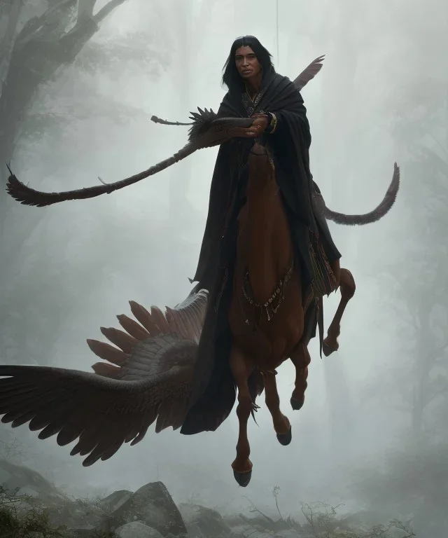 shaman, male native american, long black hair, black hooded coat like wings, 8k resolution concept art portrait by Greg Rutkowski