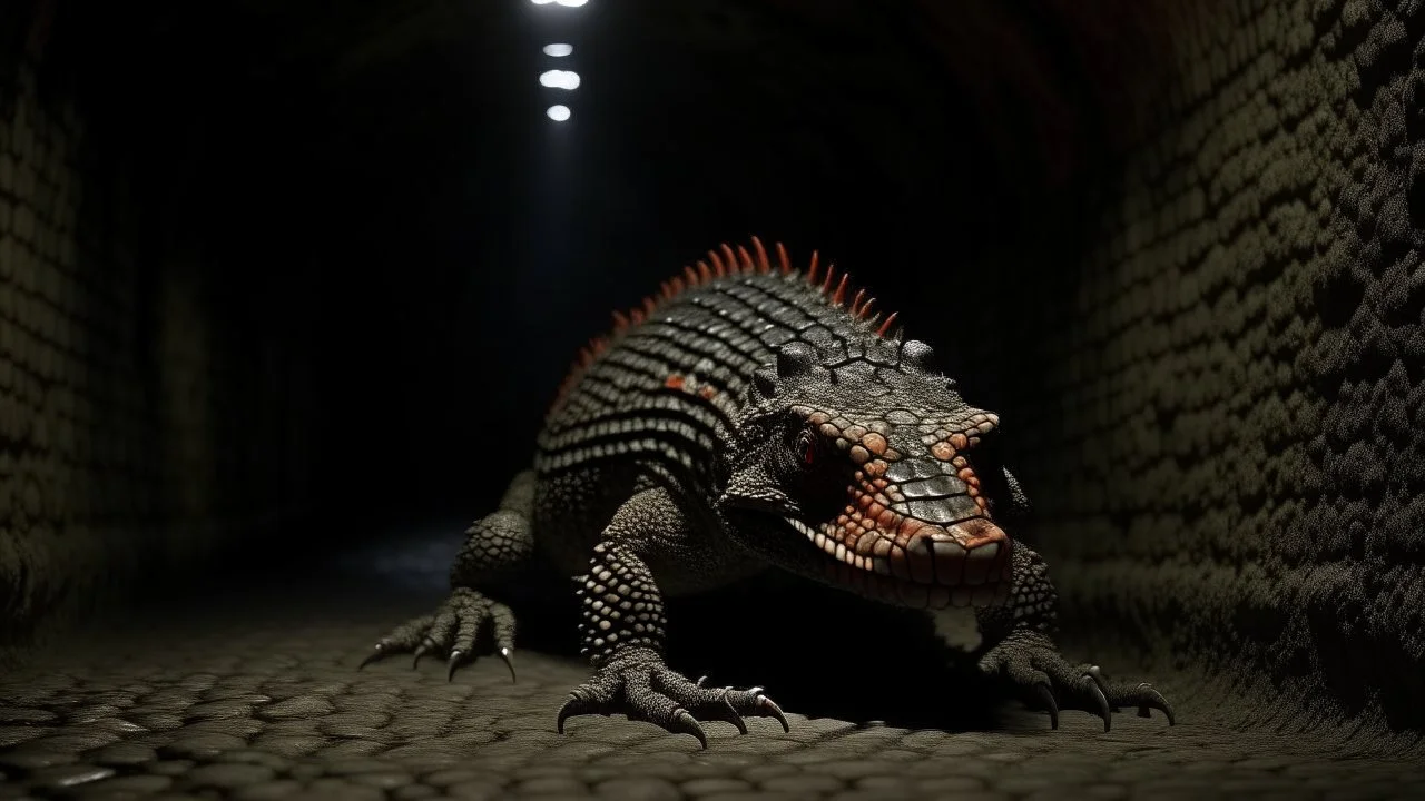 (extreme long shot), profile of a gila monster standing at the end of a neglected and grimy subway tunnel, wet ground. Ethereal, symmetrical and orderly.