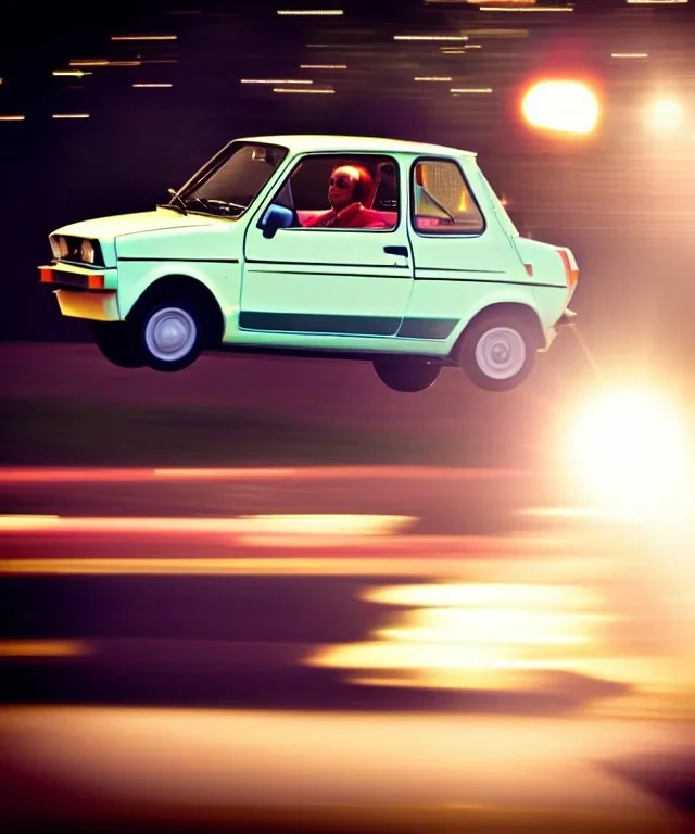 fiat 126p, city. high speed. bokeh. lens flare. warm lights. high detailed